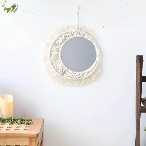 Vista 3 de Surakey Mini espejo redondo de pared con flecos bohemios macramé de 15.75 pulgadas, pequeño círculo de pared para colgar, espejo circular