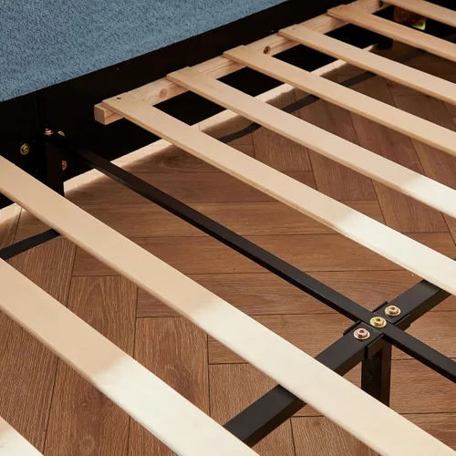 Vista 8 de Cama de suelo tapizada de tamaño matrimonial con valla y bolsillos, cama de Cama de suelo tapizada de tamaño matrimonial con listones y cabecero