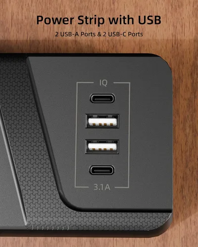 Vista 8 de Regleta protectora contra sobretensiones con interruptores individuales, 6 tomas de corriente ampliamente espaciadas con 2 USB C y 2 USB A, cable