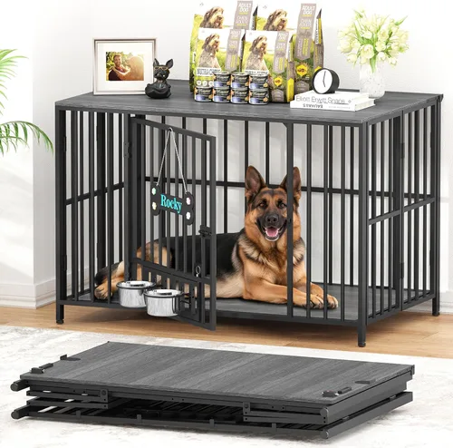 Vista 18 de Easycom 104 cm mueble de jaula para perros plegable, sin ensamblaje perrera decorativa para interior, jaulas para perros grandes (15.9-27.2 kg)