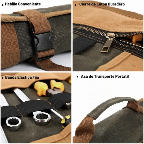 Vista 4 de Rollo de herramientas de lona, 23 bolsillos, funda de herramientas de lona encerada resistente de 16 onzas, almacenamiento de herramientas