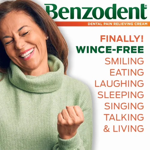 Vista 3 de Benzodent Crema para aliviar el dolor dental y oral de máxima fuerza para dentaduras, llagas bucales y aparatos ortopédicos, anestésico tópico