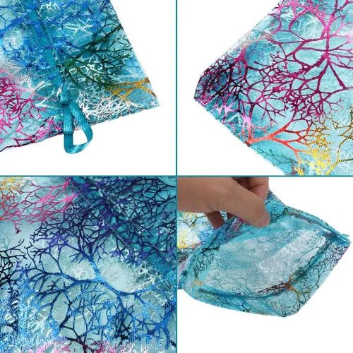 Vista 2 de Zwish Paquete de 50 bolsas de regalo de organza de 8 x 12 pulgadas, estilo azul coral para juguetes, dulces, chocolate, fiesta, Navidad, regalo