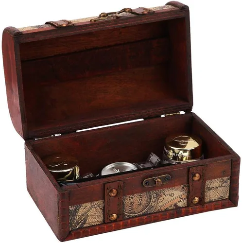 Vista 8 de Cofre del tesoro pirata caja de madera decorativa hecha a mano caja de almacenamiento de joyas para decoración del hogar Mapa