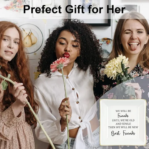 Vista 5 de NatuBeau Regalo para amigas para mujeres, seremos amigos hasta que estemos viejos y seniles, bandeja de joyería para amigas, regalos de amistad