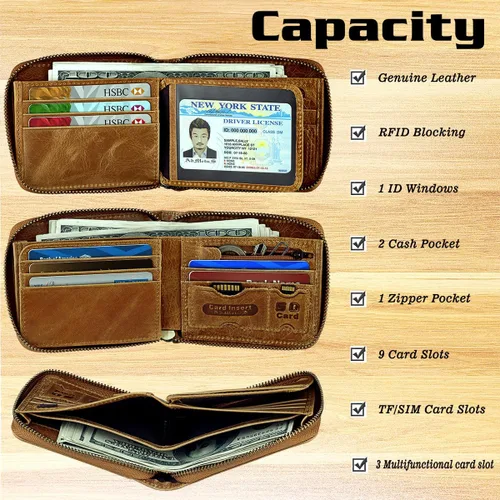 Vista 4 de Admetus Billeteras con bloqueo RFID para hombre, billetera de cuero con cremallera para hombres con tarjetero RFID plegable