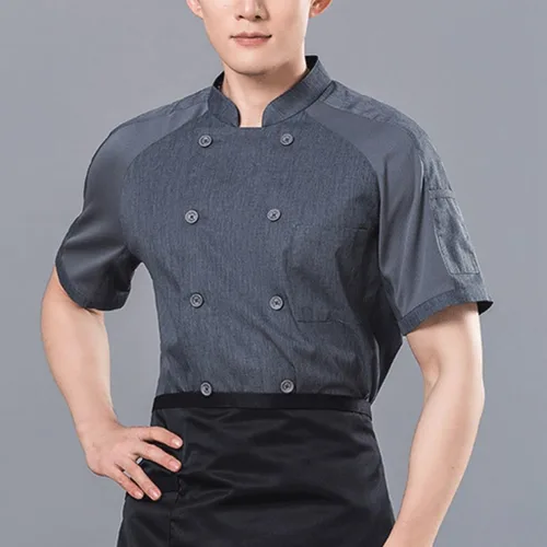 Vista 4 de Abrigos de chef unisex de manga corta, uniforme de chef de trabajo, con bolsillo, chaqueta de cocina con cierre de botón