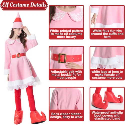 Vista 5 de Wabolay Disfraz de elfo para mujer vestido Jovie 5 piezas traje de Navidad para adultos lindo traje de Papá Noel rosa para parejas vacaciones fiesta