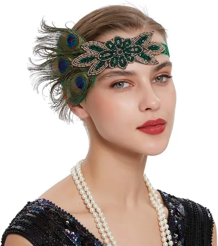 Vista 7 de Roaring 20s Great Gatsby - Diadema estilo flapper para mujer, estilo Art Deco de los años 20, con plumas A azul