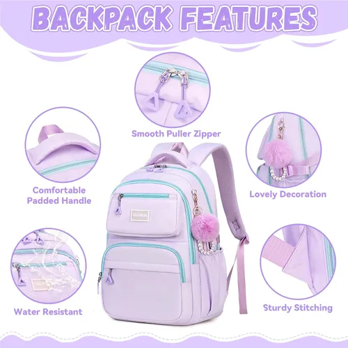 Vista 4 de MOONBABY Mochila para niñas para la escuela, bolsa de libros Kawaii para estudiantes de primaria, niños, adolescentes y adultos