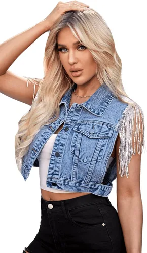 Vista 3 de SweatyRocks Chaqueta vaquera sin mangas con botones y flecos para mujer