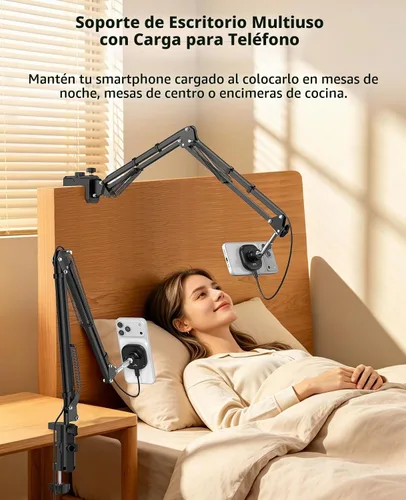 Vista 6 de VRIG - Cargador inalámbrico magnético para escritorio de cama, soporte de mesa articulado flexible, soporte superior compatible con iPhone