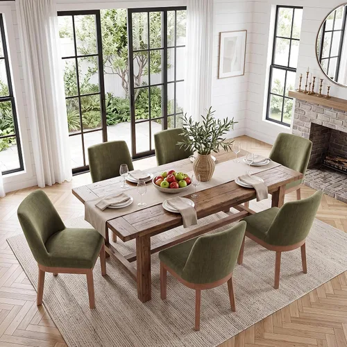 Vista 15 de HNY Juego de 2 sillas de comedor modernas con cómodo soporte de espalda, sillas de comedor tapizadas de lino suave con patas de madera maciza