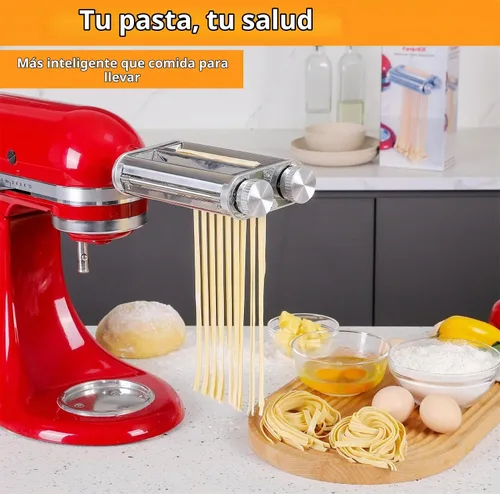 Vista 5 de FavorKit Accesorio para hacer pasta para batidoras KitchenAid, juego resistente 3 en 1 incluido rodillo de hojas de pasta, accesorios de cortador