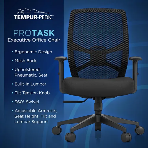 Vista 3 de Tempur-Pedic ProTask - Silla de oficina ejecutiva con respaldo de malla y soporte lumbar integrado, silla de escritorio ergonómica de malla Negro