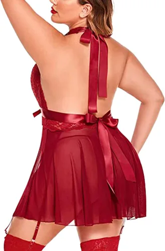Vista 5 de Lencería de encaje para mujer, talla grande, con tirantes de peluche, cuello en V, ropa de dormir
