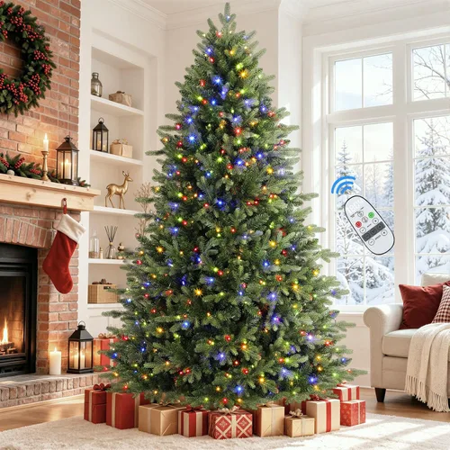 Vista 11 de Alupssuc - Árbol de Navidad artificial preiluminado de abeto con bisagras 250 luces blancas cálidas y multicolor, control remoto, 1393 puntas