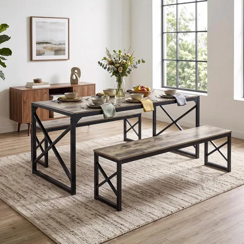 Vista 12 de VECELO Juego de mesa de comedor de cocina de 55 pulgadas para 4, marco de acero resistente y mesa de grano de madera, juegos de comedor que ahorran