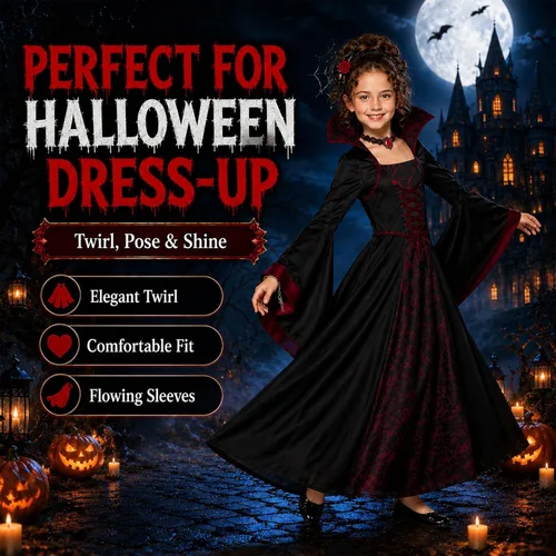 Vista 5 de Girls Vampire Costume for 3-6 6-9 9-12 Scary Draculaura Halloween Costumes
