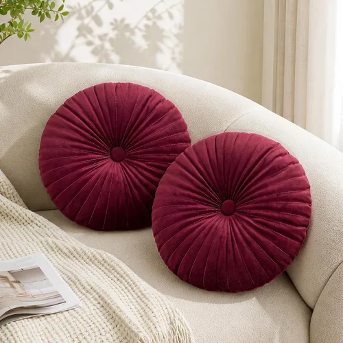 Vista 3 de Teieas - Almohada redonda de terciopelo plisada para decoración, cojín redondo para sofá, silla, cama, coche, burdeos Borgoña