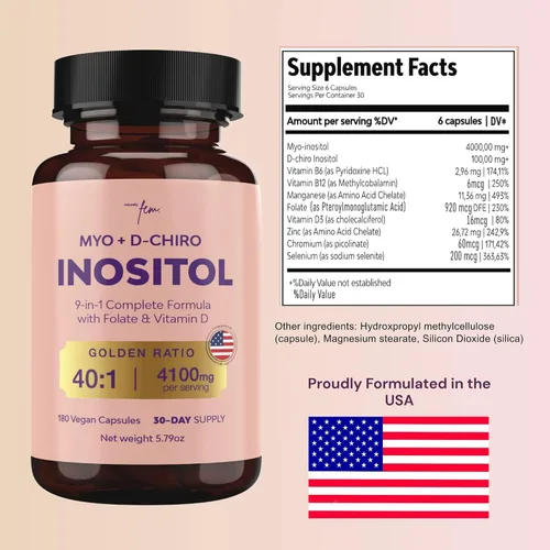 Vista 5 de QSTA Suplemento de mio-inositol y D-Chiro inositol para mujeres 4100 mg (proporción 40:1) - Soporte hormonal y metabólico 9 en 1 con folato