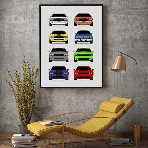 Vista 4 de Custom Car Posters Póster hecho a mano compatible con Dodge Challenger Generations e impresión de Challenger SRT, multicolor, impresión metálica