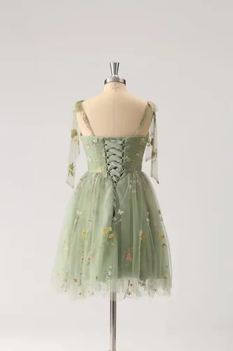 Vista 5 de Fivsole Vestido corto con bordado de flores para adolescentes, vestido de tul con tirantes delgados, mini formal, cóctel, fiesta de noche, vestidos