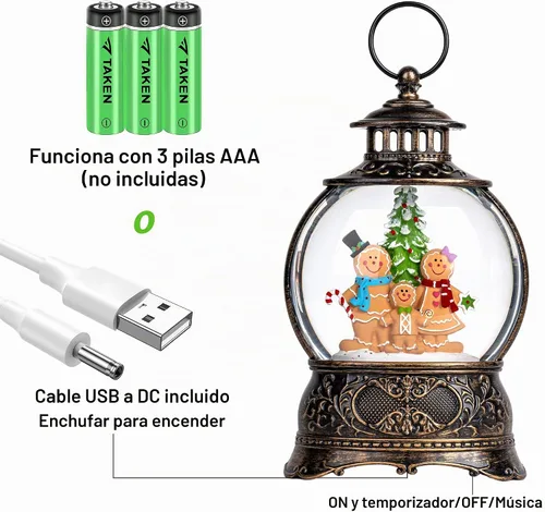 Vista 3 de Linterna de globo de nieve de Navidad con agua con escena de jengibre, funciona con batería o USB, luz musical iluminada, decoración festiva