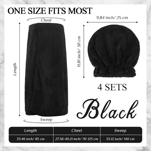 Vista 2 de Kinlop Juego de 4 toallas M para mujer, bata de spa con cierre ajustable, parte superior elástica y gorra para ducha de baño (negro)