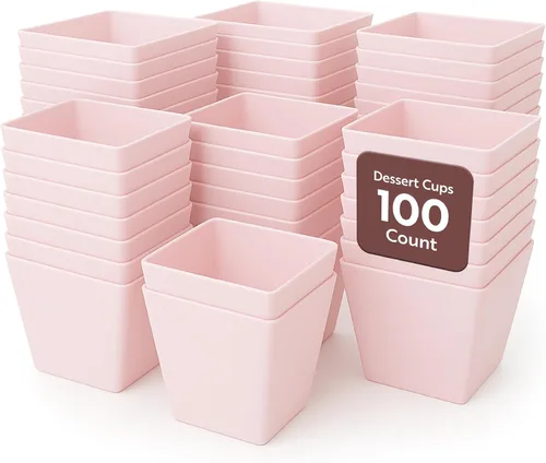 Vista 10 de Restaurantware Mini vaso de postre Kova de 2 onzas, elegantes vasos cuadrados de plástico rosa en polvo: perfecto para servir postres y muestras