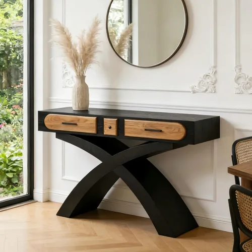 Vista 15 de Mesa de consola de entrada, sofá largo estrecho para pasillo, mesa de vestíbulo detrás del sofá, retro con cajón oculto, toma de corriente lateral