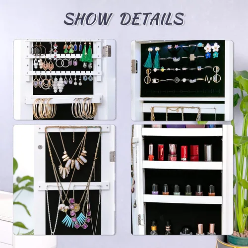 Vista 5 de KEDLAN Organizador de joyas de espejo, armario de joyería montado en la paredpuerta con espejo de longitud completa, armario de joyería colgante