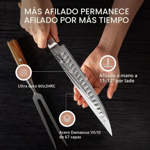 Vista 2 de Juego de cuchillos y tenedores para carne de pavo – Juego de 2 con cuchillo de corte de Damasco de 9 pulgadas y tenedor de 6 pulgadas – Acero Juego