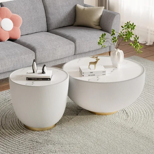 Vista 10 de Mesa auxiliar redonda de 29.53 pulgadas, mesas de cóctel modernas con textura vertical decorativa, mesas centrales de cuenco negro de 29.53