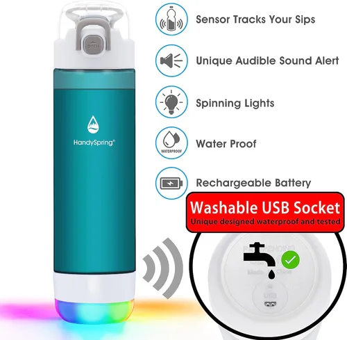 Vista 6 de Botella de agua inteligente con recordatorio para beber agua, luces y sonido, rastreador de ingesta de agua, recargable, plástico Tritan, botella