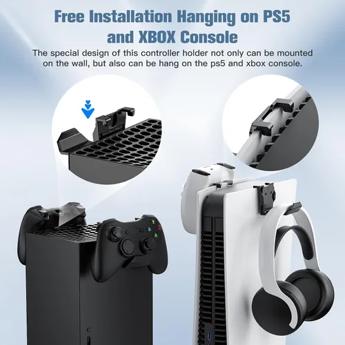 Vista 4 de KUNSLUCK 6 Pack Controller Wall Mount Universal Game Controller Holder for PS5, Xbox, Switch Adhesive or Screw Installation Headset & Controller