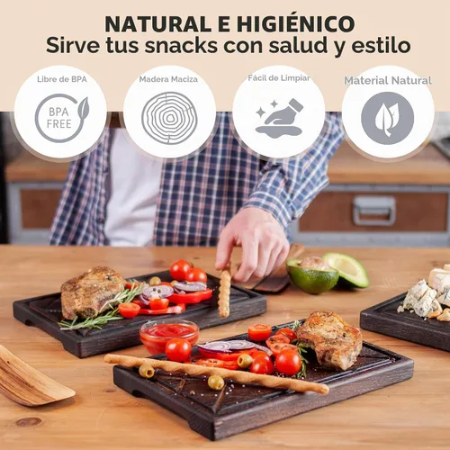Vista 8 de TESLYAR - Tabla y plato de madera para carne, plato para servir carne, 11.8 Sirve 1, se adapta a una sola porción o aperitivos. Ranura de jugo