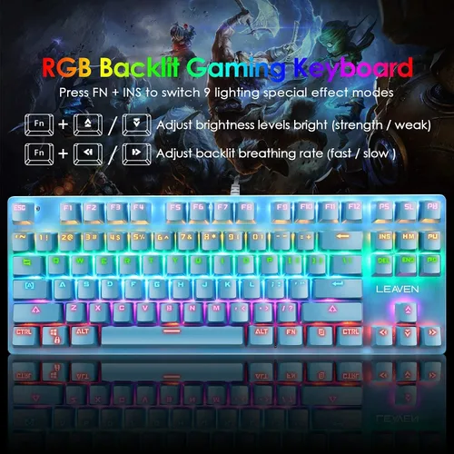 Vista 4 de Combo de teclado y mouse mecánico para juegos, teclado retroiluminado compacto de 87 teclas, adaptador convertidor PS4, retroiluminado RGB de 6400