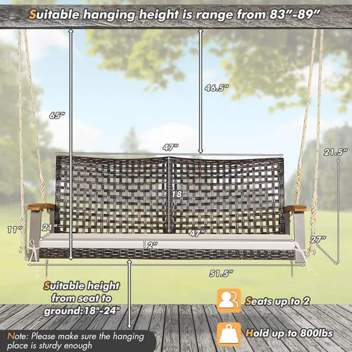 Vista 9 de Happygrill Silla oscilante de ratán para porche de 2 asientos, banco oscilante de mimbre para exteriores con cojín de asiento y reposabrazos