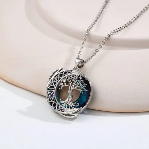 Vista 5 de Kattepote Moon Tree of Life Necklace S925 Sterling Silver Crystal Tree of Life Pendant Necklace Celtic Knot Full Moon Tree of Life Women's Jewellery