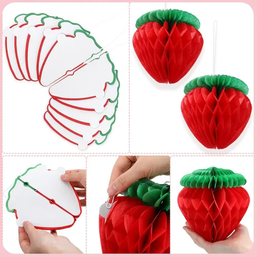 Vista 7 de Zonon 16 unidades de 6 pulgadas decoración de fiesta de fresas rojas bolas de panal de abeja de fresa roja, guirnalda de decoración colgante