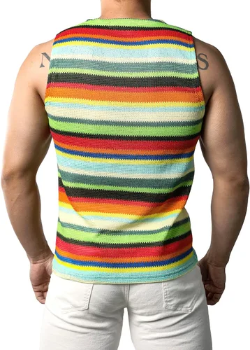 Vista 2 de JOGAL Camisas sin mangas a rayas arcoíris para hombre, camisetas sin mangas casuales multicolor