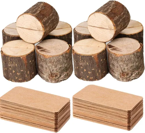 Vista 9 de Toncoo Portatarjetas de madera, 15 soportes rústicos de alta calidad para números de mesa y 30 tarjetas de mesa de papel Kraft, soportes de madera