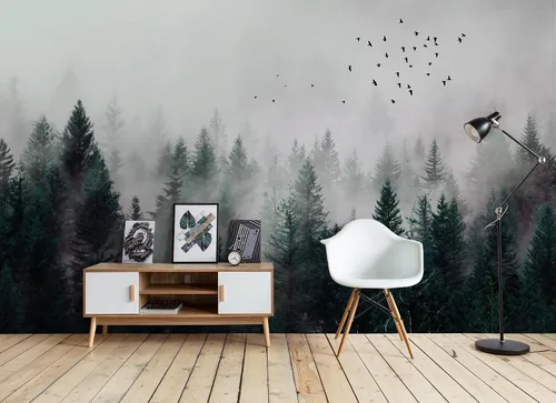 Vista 3 de Murwall Dark Forest Wallpaper Misty Jungle Wall Mural Landscape Wall Print Rustic Home Decor Cafe Design Living Room Bedroom