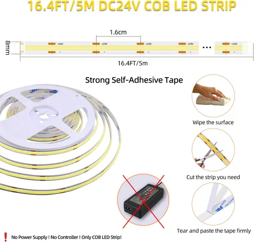 Vista 4 de Luces de tira LED 24V COB LED Blanco cálido 3000K Súper brillante tira LED 16.4 pies 5M sin puntos de alta densidad Corta y flexible para proyectos