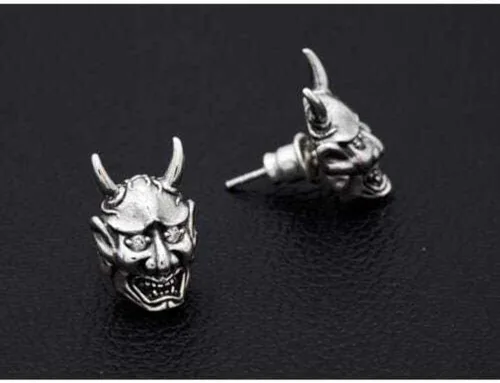 Vista 6 de Pendientes de plata de ley con diseño de calavera y máscara de Oni, Plata de ley Diamante, Circonia cúbica