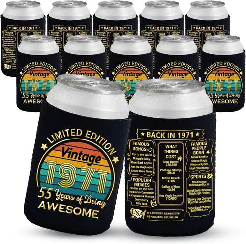 Vista 18 de Decoraciones de cumpleaños número 13, suministros y recuerdos de fiesta, fundas enfriadoras para latas de bebidas, paquete de 12, negro y dorado