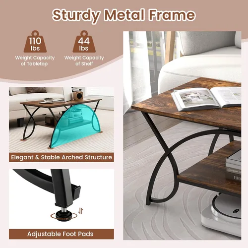 Vista 6 de Giantex Mesa auxiliar rectangular de 2 niveles, mesa de grano de madera con estante de almacenamiento abierto, marco de metal acabado negro, mesa