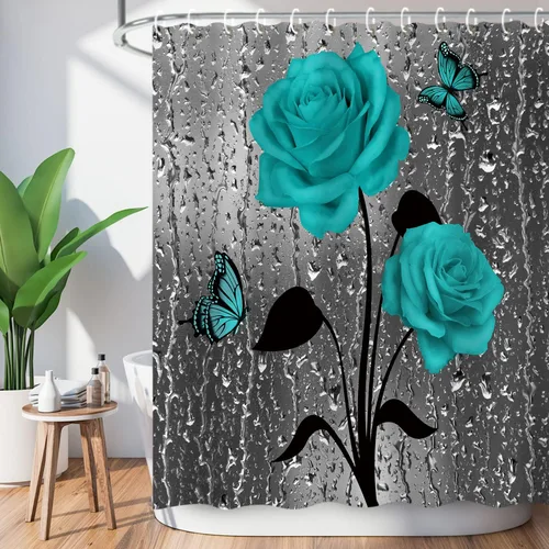 Vista 16 de LIVILAN Cortina de ducha con flores rosas y grises, cortinas de ducha florales de acuarela con ganchos, tela blanca y gris, decoración de baño