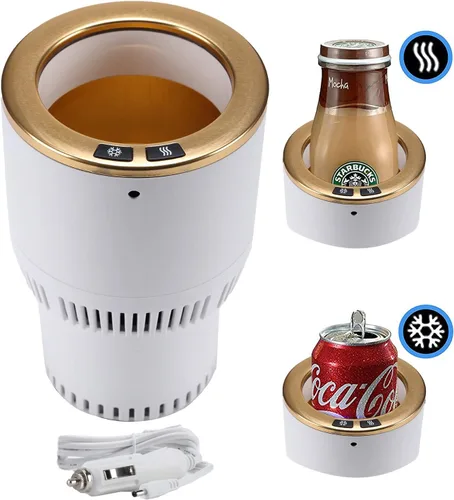 Vista 2 de Portavasos para automóvil con enfriador de bebidas, calentador inteligente de tazas, soporte para vasos 2 en 1 para automóvil (blanco con dorado)